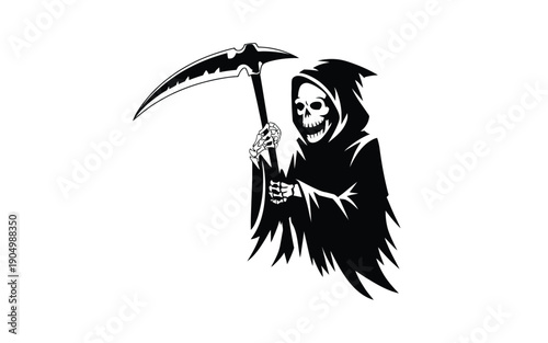 A grim reaper holding a scythe in a black and white illustration isolated on white background