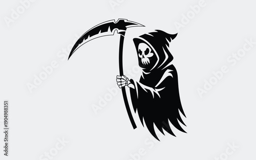 A dark and eerie depiction of the grim reaper holding a scythe against a white background isolated on white background