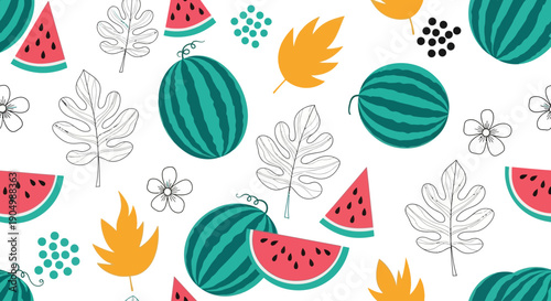 A vibrant illustration of watermelons, leaves, and flowers in a lively pattern from a direct viewpoint.
