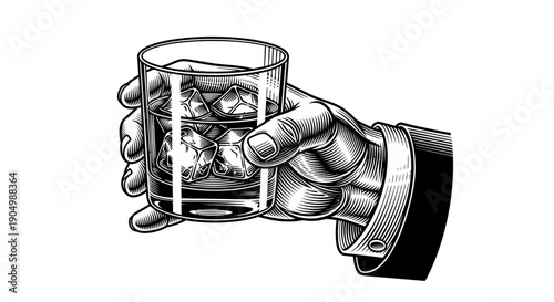 Hand holding a glass of whiskey on the rocks from a businessman's viewpoint