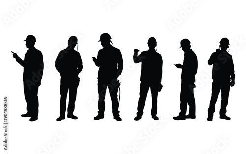 Silhouettes of people engaged with various mobile phone activities in a row isolated on white background, Vector, illustration