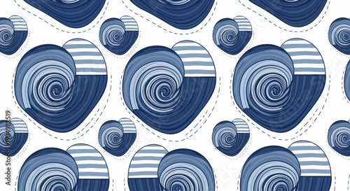 A collection of blue spiral patterns and shapes in various sizes and designs are arranged in a repetitive visual display from a direct viewpoint