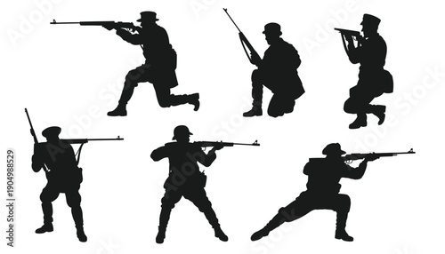 Historical soldiers in various combat poses with rifles isolated on white background, Vector, illustration