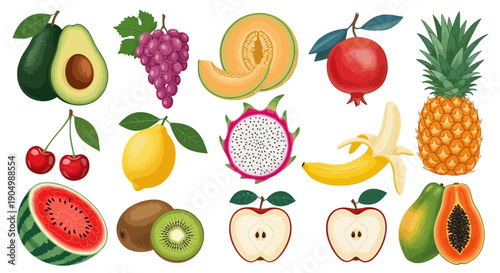 Assorted fresh fruits displayed together, including tropical and common varieties, in a vibrant and colorful arrangement on a clean white background