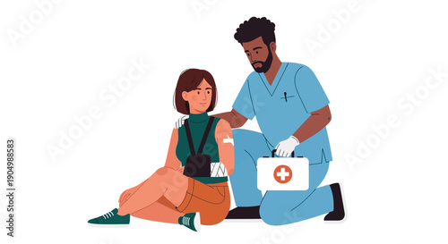 Medical professional providing first aid to an injured person in a casual outdoor setting