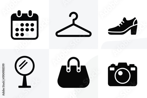 Collection of six distinct icons representing everyday objects and activities isolated on white background, Vector, illustration