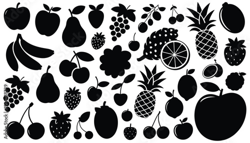 A vibrant collection of various fruits in black silhouettes on a white background isolated on white background