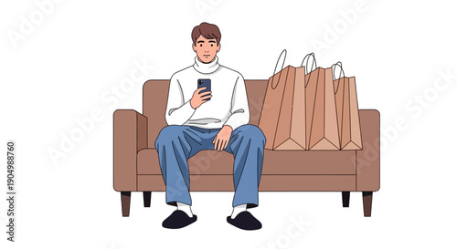 A man sitting on a couch with shopping bags using a smartphone in a relaxed environment from a frontal viewpoint