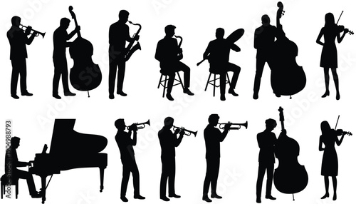 A diverse ensemble of musicians playing various instruments in silhouette. isolated on white background