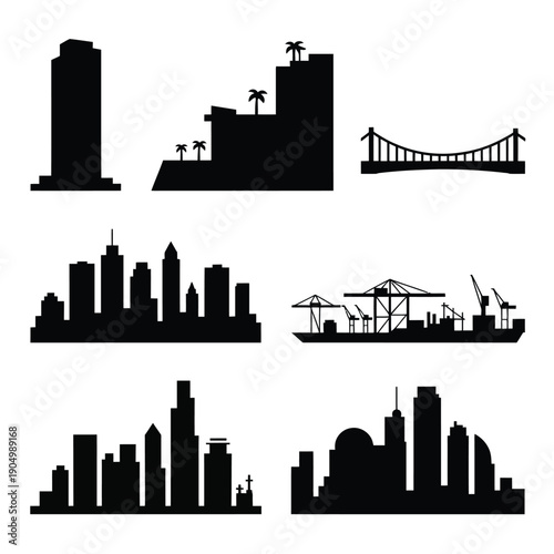 A diverse collection of city skyline icons featuring various architectural structures and landmarks isolated on white background