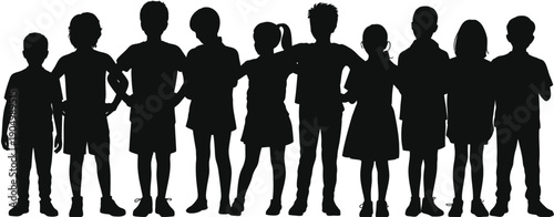 Diverse group of children standing together in a line isolated on white background