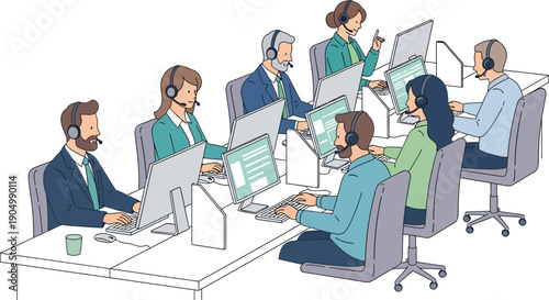 A group of business professionals collaborating in an office setting with computers