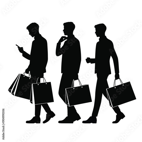 Three silhouetted shoppers carrying various bags and shopping items isolated on white background, Vector, illustration