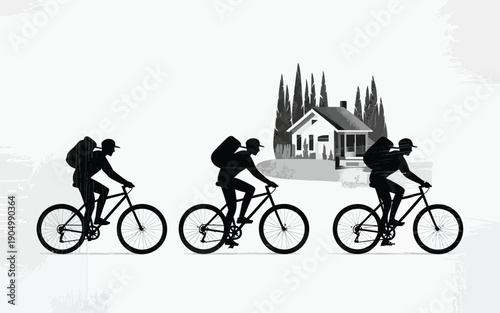 Four cyclists approaching a quaint countryside home isolated on white background, Vector, illustration