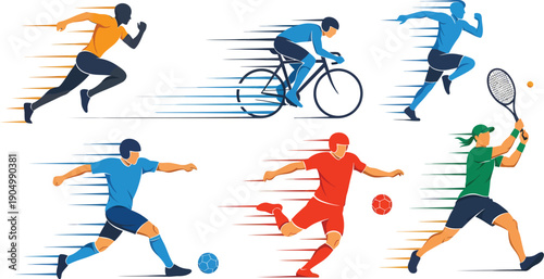 Motion blur illustrations of various sports and fitness activities