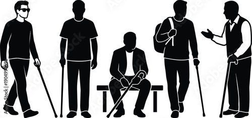 Minimalist silhouette group of blind people walking and sitting with white canes bench conversation side view high contrast public space