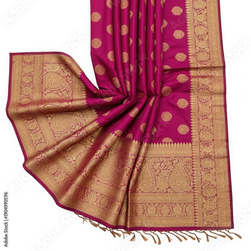 Elegant pink and gold traditional saree fabric with intricate border design isolated on transparent background