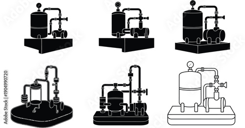 Variety of industrial steam engines and boilers in schematic diagrams isolated on white background, Vector, illustration