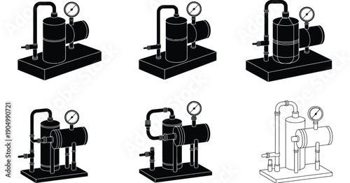 Illustrations of different types of mechanical steam engines and pumps isolated on white background, Vector, illustration