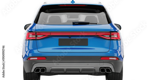 Modern blue suv car back view with tail lights on, isolated on transparent background