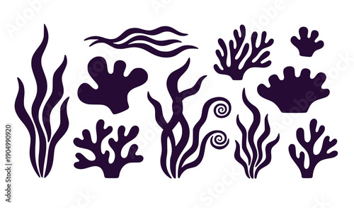 Underwater Seaweed and Coral Elements Set in Dark Purple Vector Illustration