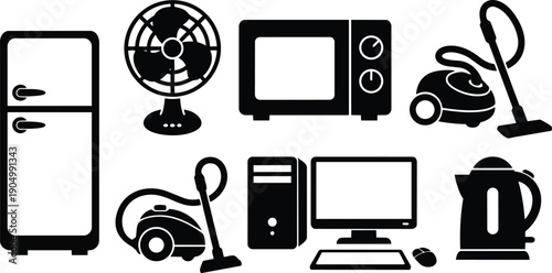 Flat design silhouette home appliances icon set featuring fridge fan microwave vacuum kettle desktop computer with monitor mouse simple black