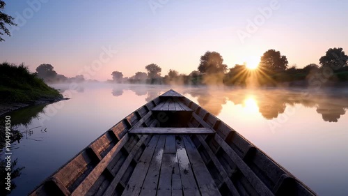 Sunrise paints the misted river, revealing a wooden boat's journey