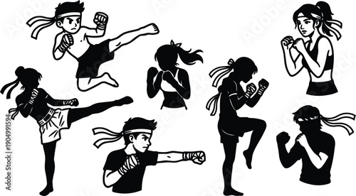 Silhouette vector set showing male and female kickboxing fighters executing kicks punches and guard poses with headbands training studio stance