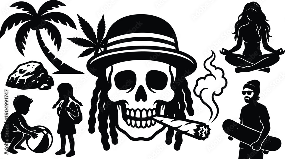 Fototapeta premium Tattoo flash skull with dreadlocks smoking a joint central close up surrounded by palm leaf skateboarder meditating kids playing silhouettes