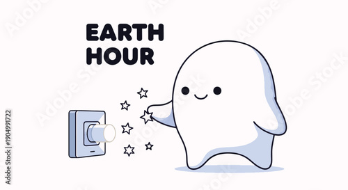 Cartoon Character Turning Off Light Switch for Earth Hour.