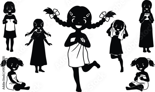 Silhouette vector of seven playful girls in various poses center girl jumping looking at viewer happy joyful towel scene backlit