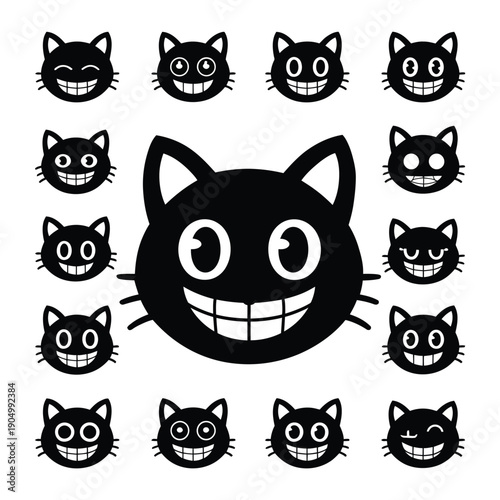 A playful arrangement of cartoonish black cats with expressive faces and grins around a central figure isolated on white background, Vector, illustration