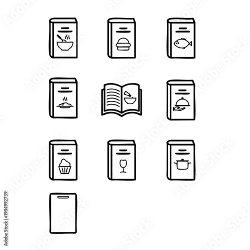 Minimalist black and white vector icons depicting kitchen and dining items on mobile screens, ideal for app UI, web design, and digital menus.