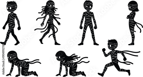 Flat design silhouettes of playful wrapped mummy characters walking crawling running and standing in various poses for halloween spooky vector