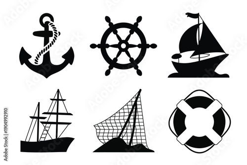 Collection of iconic nautical and maritime symbols and illustrations isolated on white background, Vector, illustration