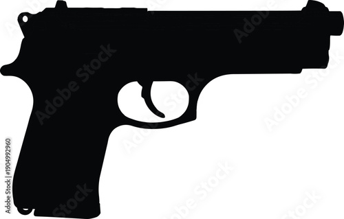 Black Handgun Silhouette, 9mm Pistol Vector Illustration, Semi-Automatic Firearm Icon for Tactical, Law Enforcement, Defense, and Safety Concept Graphic Designs Isolated