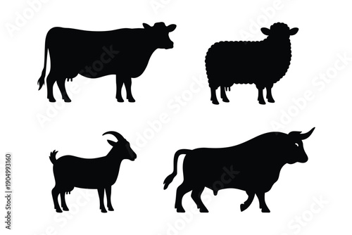 Silhouettes of four different farm animals standing side by side isolated on white background, Vector, illustration