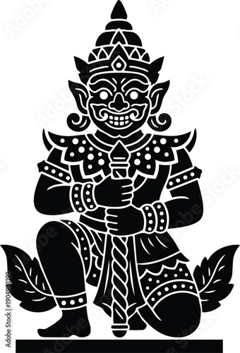 Silhouette vector thai guardian kneeling holding mace ornate costume front view detailed pattern bold studio white background high contrast black