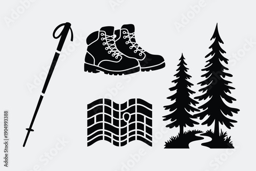Essential hiking gear and natural landscape icons displayed in black and white isolated on white background, Vector, illustration