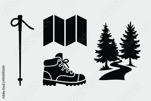 Adventure hiking and outdoor exploration icons collection isolated on white background, Vector, illustration