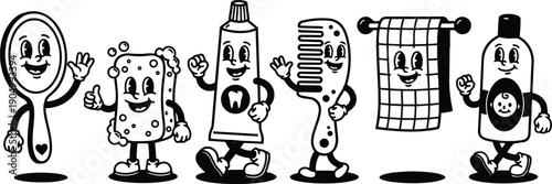 Retro cartoon rubber hose style smiling bathroom characters holding mirror sponge toothpaste comb towel and soap walking in row cheerful