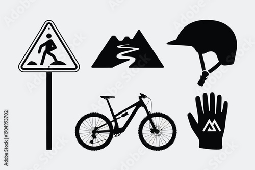 Bicycle safety equipment and road signage icons for mountain biking. isolated on white background, Vector, illustration