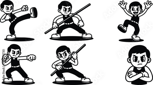 Tattoo flash set of six martial arts boy poses showing kicks punches staff stances playful expressive retro cartoon vector art