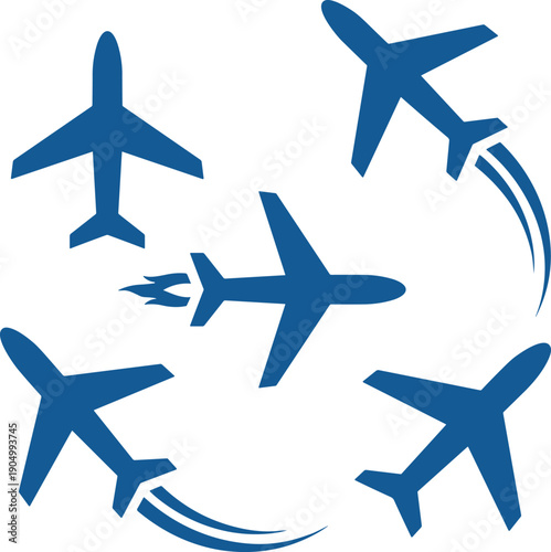 Blue Airplane Icons Set and Flying Jet Silhouettes with Motion Trails for Travel, Aviation, Tourism, Logistics, and Global Transportation Concepts (21 words)