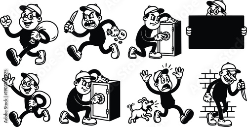 Retro cartoon sequence of mischievous smiling robber characters opening safe stealing loot and running with sack in vintage black white