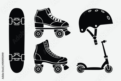 Iconic illustrations of various wheeled recreational devices and safety gear isolated on white background, Vector, illustration