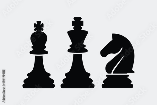 Three distinct chess pieces showcasing variations of black knights and pawns. isolated on white background, Vector, illustration