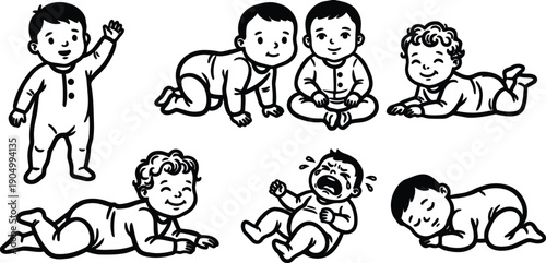 Line art set of seven baby smiling characters in playful poses black and white vector illustrations close up front view