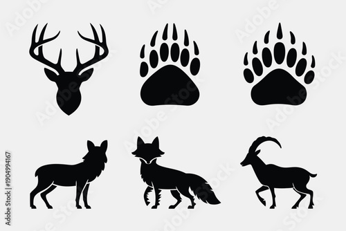 Silhouettes of various animals commonly found in wilderness and forests. isolated on white background, Vector, illustration