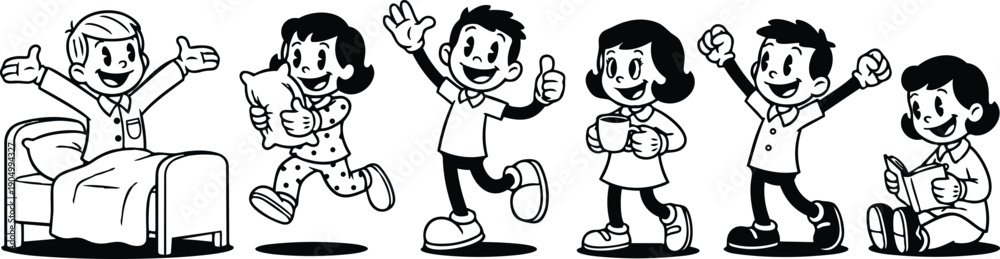 Fototapeta premium Retro cartoon 1950s style children morning routine sequence boy sitting in bed girl running with pillow boy giving thumbs up
